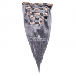 Set of 5 Pieces of Double Weft, Clip in Hair Extensions, Color Silver, Made With Remy Indian Human Hair