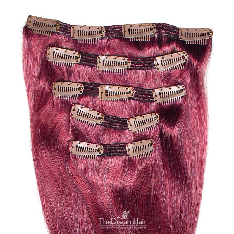 Set of 5 Pieces of Double Weft, Clip in Hair Extensions, Color Pink, Made With Remy Indian Human Hair