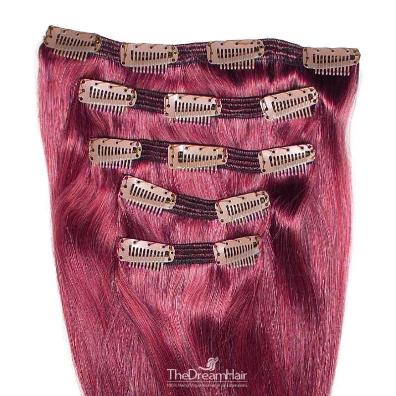 Set of 5 Pieces of Double Weft, Clip in Hair Extensions, Color Pink, Made With Remy Indian Human Hair