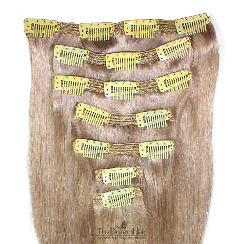 Set of 7 Pieces of Double Weft, Clip in Hair Extensions, Color Grey, Made With Remy Indian Human Hair