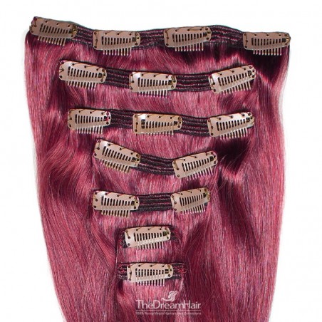 Set of 7 Pieces of Double Weft, Clip in Hair Extensions, Color Pink, Made With Remy Indian Human Hair