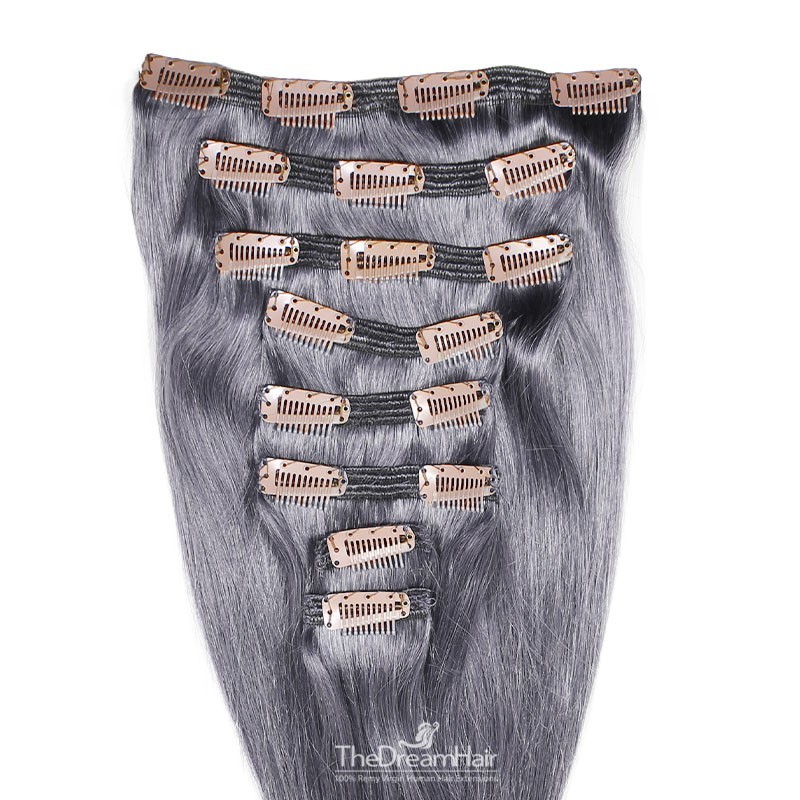 Set of 8 Pieces of Double Weft, Clip in Hair Extensions, Color Silver, Made With Remy Indian Human Hair