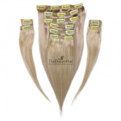 Set of 10 Pieces of Double Weft, Clip in Hair Extensions, Color Grey, Made With Remy Indian Human Hair