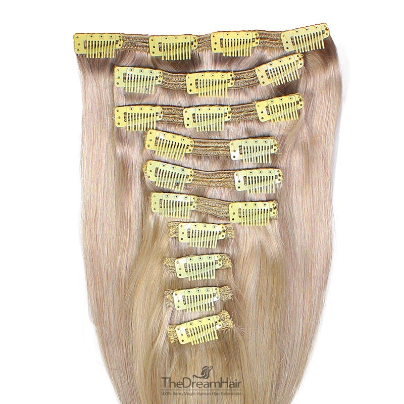 Set of 10 Pieces of Double Weft, Clip in Hair Extensions, Color Grey, Made With Remy Indian Human Hair
