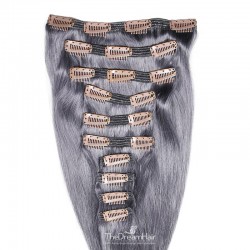 Set of 10 Pieces of Double Weft, Clip in Hair Extensions, Color Silver, Made With Remy Indian Human Hair