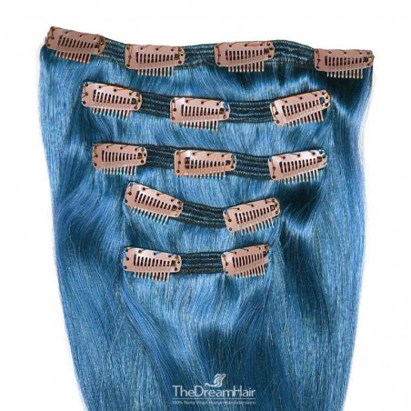 Set of 5 Pieces of Double Weft, Clip in Hair Extensions, Color Blue, Made With Remy Indian Human Hair