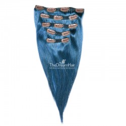 Set of 5 Pieces of Double Weft, Clip in Hair Extensions, Color Blue, Made With Remy Indian Human Hair