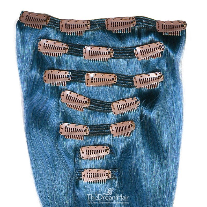 Set of 7 Pieces of Double Weft, Clip in Hair Extensions, Color Blue, Made With Remy Indian Human Hair