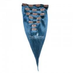Set of 7 Pieces of Double Weft, Clip in Hair Extensions, Color Blue, Made With Remy Indian Human Hair