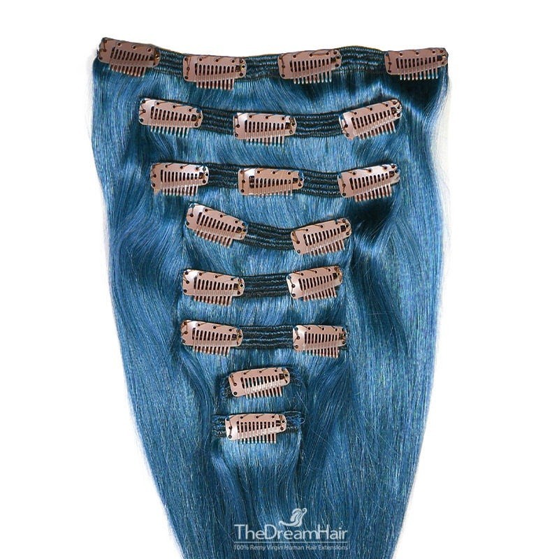 Set of 8 Pieces of Double Weft, Clip in Hair Extensions, Color Blue, Made With Remy Indian Human Hair