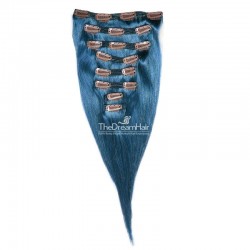 Set of 8 Pieces of Double Weft, Clip in Hair Extensions, Color Blue, Made With Remy Indian Human Hair