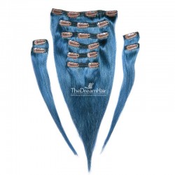 Set of 10 Pieces of Double Weft, Clip in Hair Extensions, Color Blue, Made With Remy Indian Human Hair