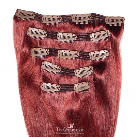 Set of 5 Pieces of Double Weft, Clip in Hair Extensions, Color Red, Made With Remy Indian Human Hair