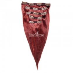 Set of 5 Pieces of Double Weft, Clip in Hair Extensions, Color Red, Made With Remy Indian Human Hair