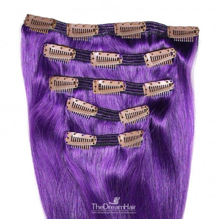 Set of 5 Pieces of Double Weft, Clip in Hair Extensions, Color Purple, Made With Remy Indian Human Hair