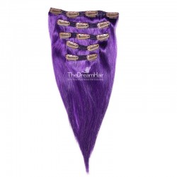 Set of 5 Pieces of Double Weft, Clip in Hair Extensions, Color Purple, Made With Remy Indian Human Hair