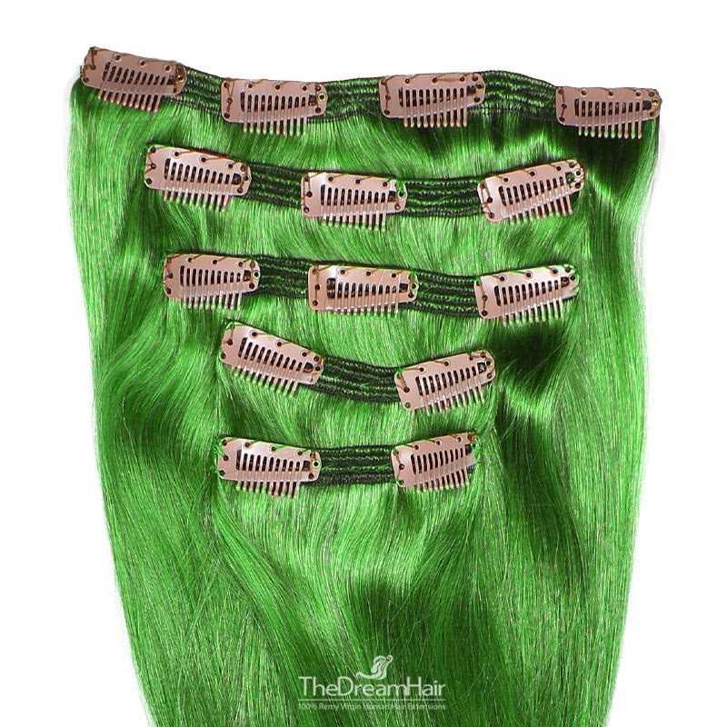 Set of 5 Pieces of Double Weft, Clip in Hair Extensions, Color Green, Made With Remy Indian Human Hair