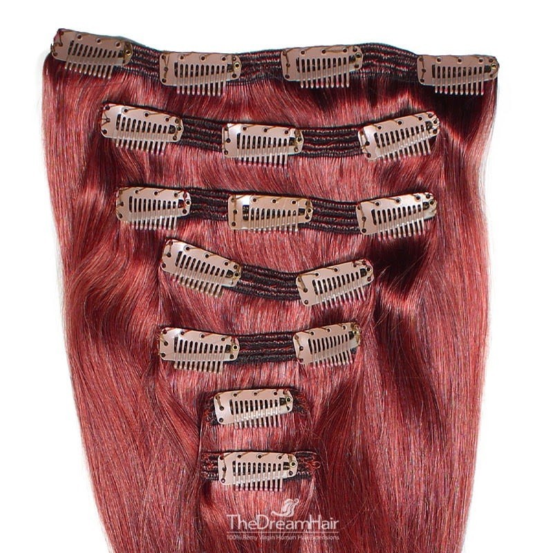 Set of 7 Pieces of Double Weft, Clip in Hair Extensions, Color Red, Made With Remy Indian Human Hair Set of 7 Pieces of Double Weft, Clip in Hair Extensions, Color Red, Made With Remy Indian Human Hair