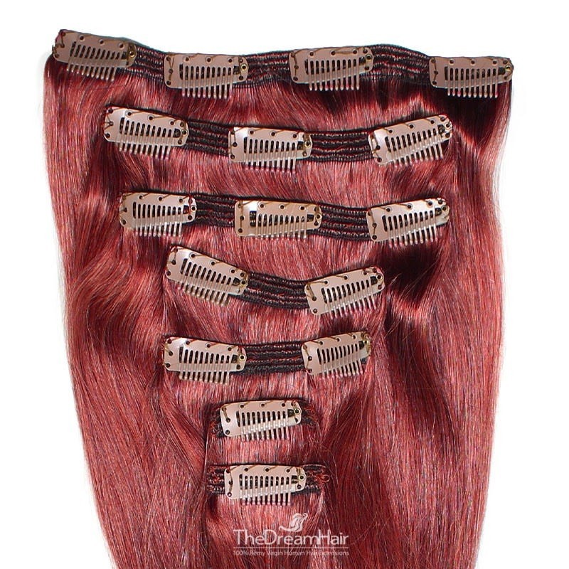 Set of 7 Pieces of Double Weft, Clip in Hair Extensions, Color Red, Made With Remy Indian Human Hair