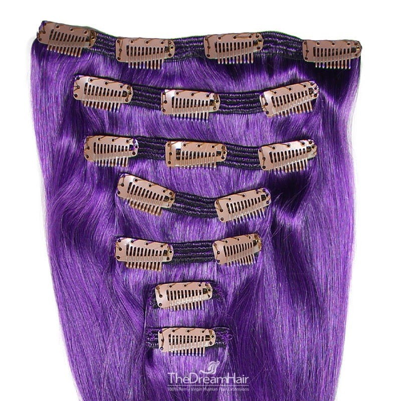 Set of 7 Pieces of Double Weft, Clip in Hair Extensions, Color Purple, Made With Remy Indian Human Hair