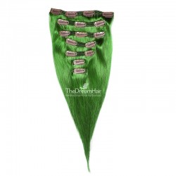 Set of 7 Pieces of Double Weft, Clip in Hair Extensions, Color Green, Made With Remy Indian Human Hair