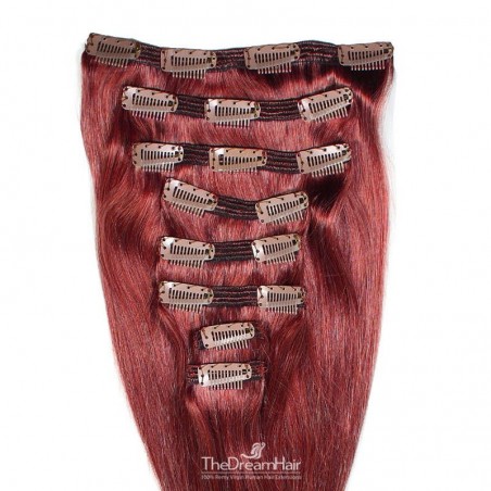 Set of 8 Pieces of Double Weft, Clip in Hair Extensions, Color Red, Made With Remy Indian Human Hair