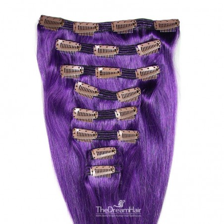 Set of 8 Pieces of Double Weft, Clip in Hair Extensions, Color Purple, Made With Remy Indian Human Hair