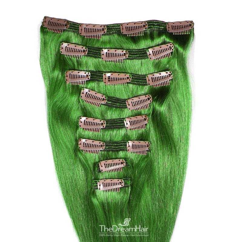 Set of 8 Pieces of Double Weft, Clip in Hair Extensions, Color Green, Made With Remy Indian Human Hair