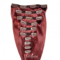 Set of 10 Pieces of Double Weft, Clip in Hair Extensions, Color Red, Made With Remy Indian Human Hair