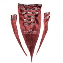 Set of 10 Pieces of Double Weft, Clip in Hair Extensions, Color Red, Made With Remy Indian Human Hair