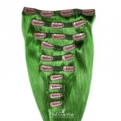 Set of 10 Pieces of Double Weft, Clip in Hair Extensions, Color Green, Made With Remy Indian Human Hair