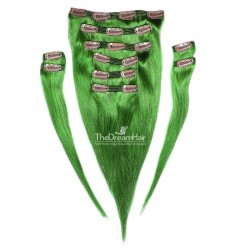 Set of 10 Pieces of Double Weft, Clip in Hair Extensions, Color Green, Made With Remy Indian Human Hair