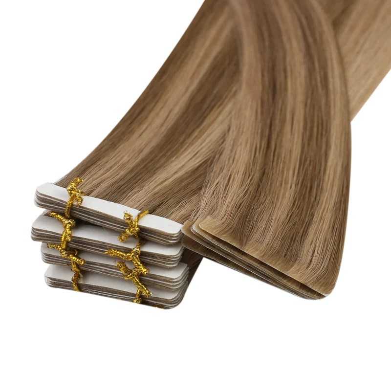 Mix Color 6/18 (Medium Brown/Light Ash Blonde), Invisible Tape-in Hair Extensions, Made With Remy Indian Human Hair