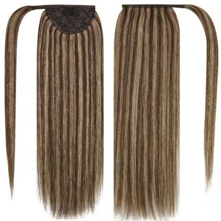 Mix Color 4/27 (Dark Brown/Honey Blonde), Wrap Around Ponytail Hair Extensions, Made With Remy Indian Human Hair