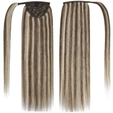 Mix Color 6/60 (Medium Brown/Lightest Blonde), Wrap Around Ponytail Hair Extensions, Made With Remy Indian Human Hair