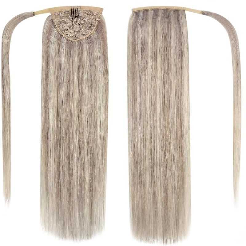 Mix Color 8/60 (Chestnut Brown/Lightest Blonde), Wrap Around Ponytail Hair Extensions, Made With Remy Indian Human Hair