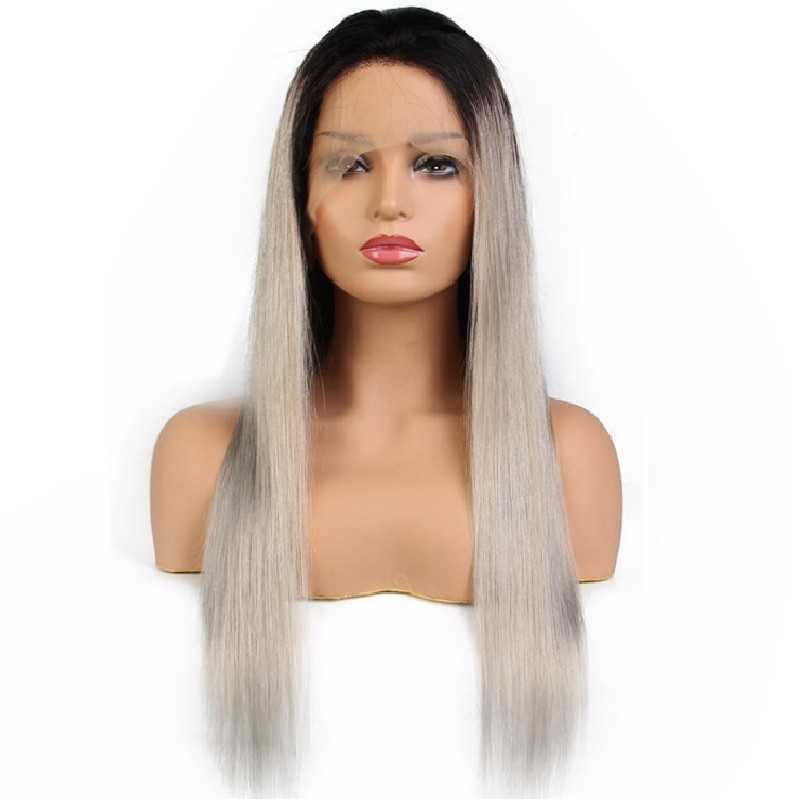 Lace Front Wig, Long Length, Ombre Color #1B/Dirty Silver-Grey (Off Black / Dirty Silver-Grey), Made With Remy Indian Human Hair
