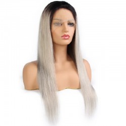 Lace Front Wig, Long Length, Ombre Color #1B/Dirty Silver-Grey (Off Black / Dirty Silver-Grey), Made With Remy Indian Human Hair