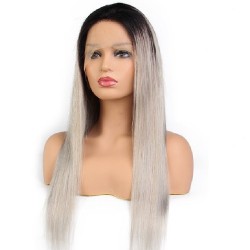 Lace Front Wig, Long Length, Ombre Color #1B/Dirty Silver-Grey (Off Black / Dirty Silver-Grey), Made With Remy Indian Human Hair