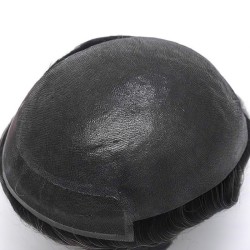 Men’s Hair System – Off Black with 5% Grey Hair (Color 1B05), Super-Thin 0.08mm Skin Base with French Lace Front, 100% Remy Hair