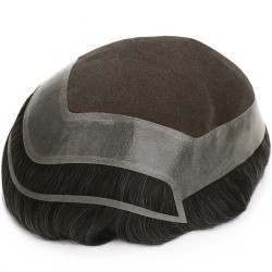 Men’s Hair System – Off Black with 10% Grey Hair (Color 1B10), French Lace Base with Poly Edge, 100% Remy Indian Human Hair