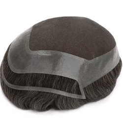 Men’s Hair System – Off Black with 20% Grey Hair (Color 1B20), French Lace Base with Poly Edge, 100% Remy Indian Human Hair