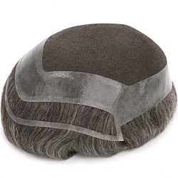 Men’s Hair System – Off Black with 40% Grey Hair (Color 1B40), French Lace Base with Poly Edge, 100% Remy Indian Human Hair