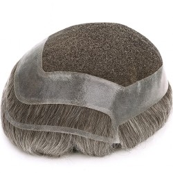 Men’s Hair System – Off Black with 50% Grey Hair (Color 1B50), French Lace Base with Poly Edge, 100% Remy Indian Human Hair