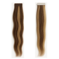 Invisible Tape-In Hair Extensions – Darkest Brown/Golden Blonde (Mix Color 2/24), 100% Remy Indian Human Hair
